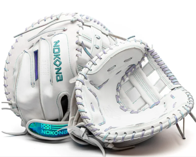 nokona-wht-epv3400h-white-h-web-fastpitch-softball-catchers-mitt-pastel-gradient-lacing-teal-lettering-front-and-back-views
