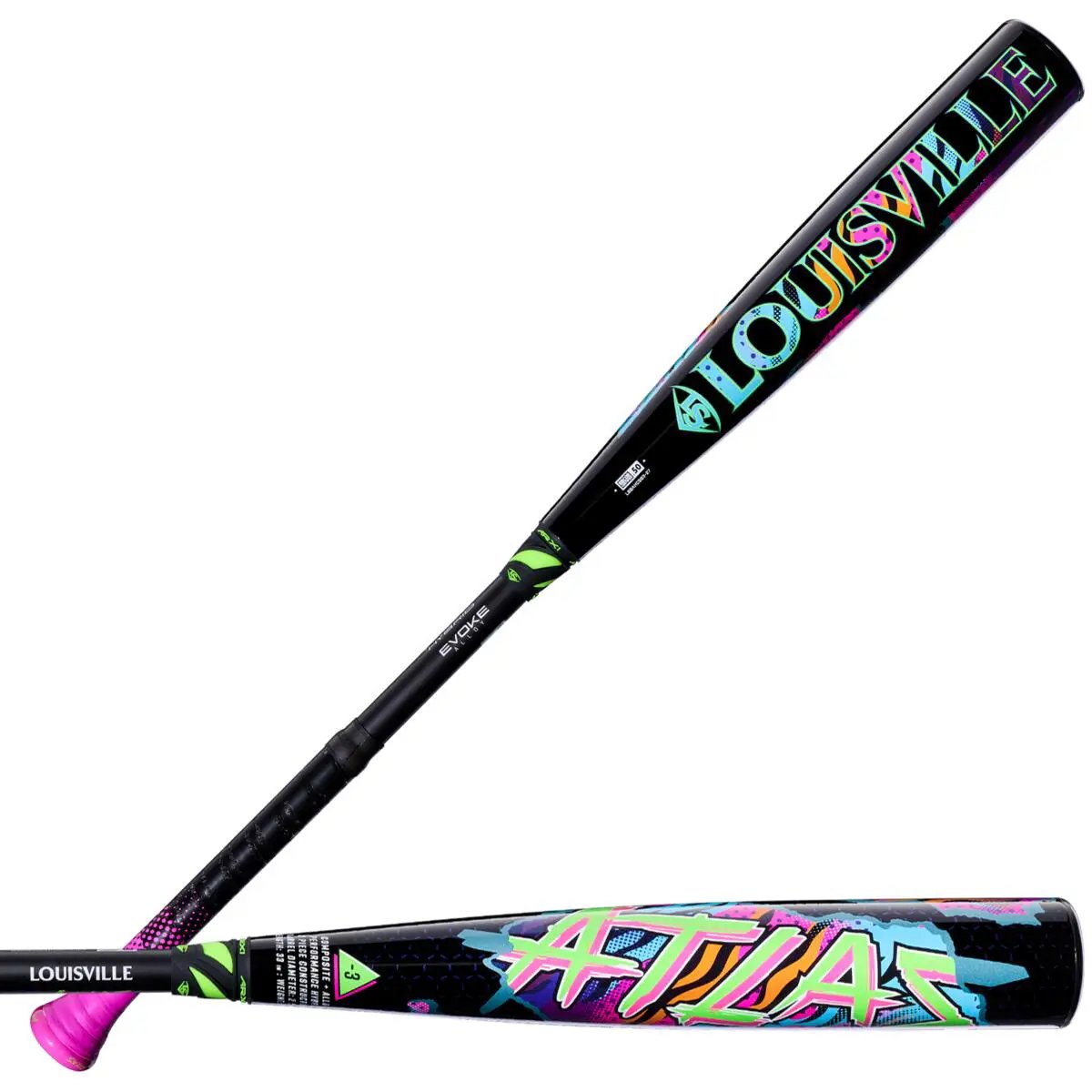 louisville-slugger-wl2701701-black-pink-green-blue-orange-atlas-hybrid-neon-night-bbcor-baseball-bat-two-views