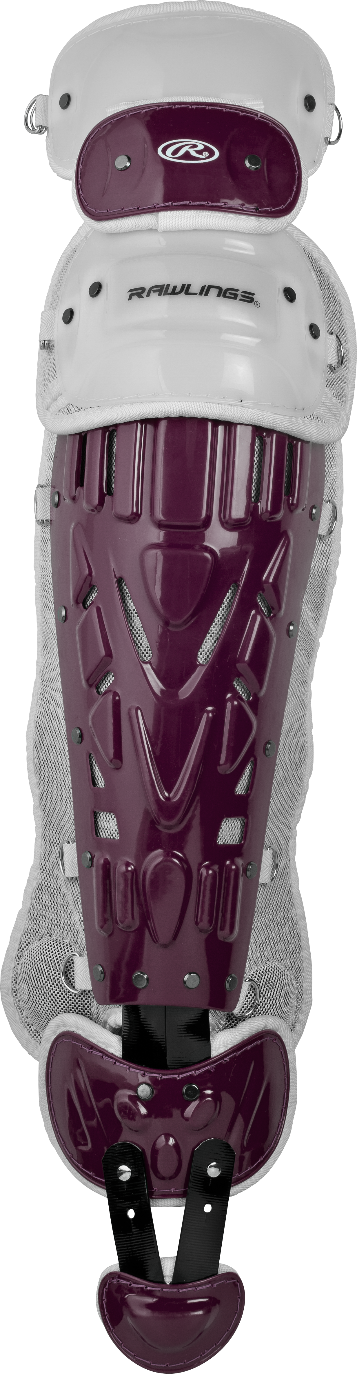 Rawlings-VELO-2.0-LGVEL-Adult-16-5-Inch-Catchers-Leg-Guards-Maroon-White-Front-View