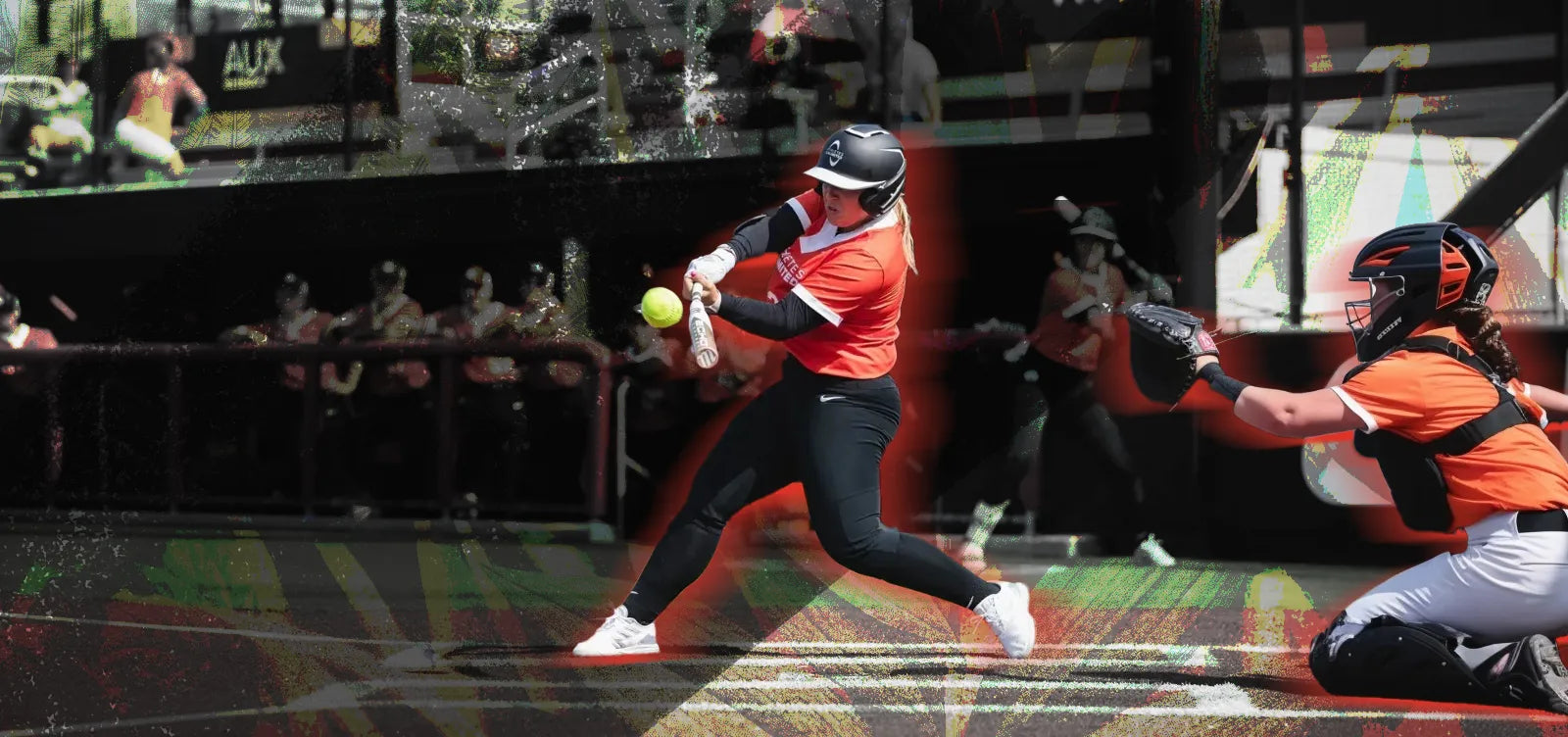 Baseball player swinging a bat at a ball during a game, with a catcher and umpire behind home plate.