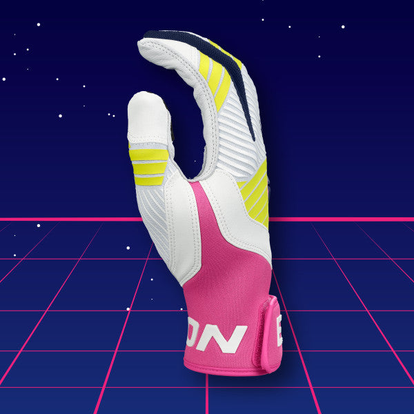 Easton Walk-Off Ethos 80's Baseball/Softball Batting Gloves with full-grain leather palm, ergonomic neoprene cuff, and retro "Eighties" design.