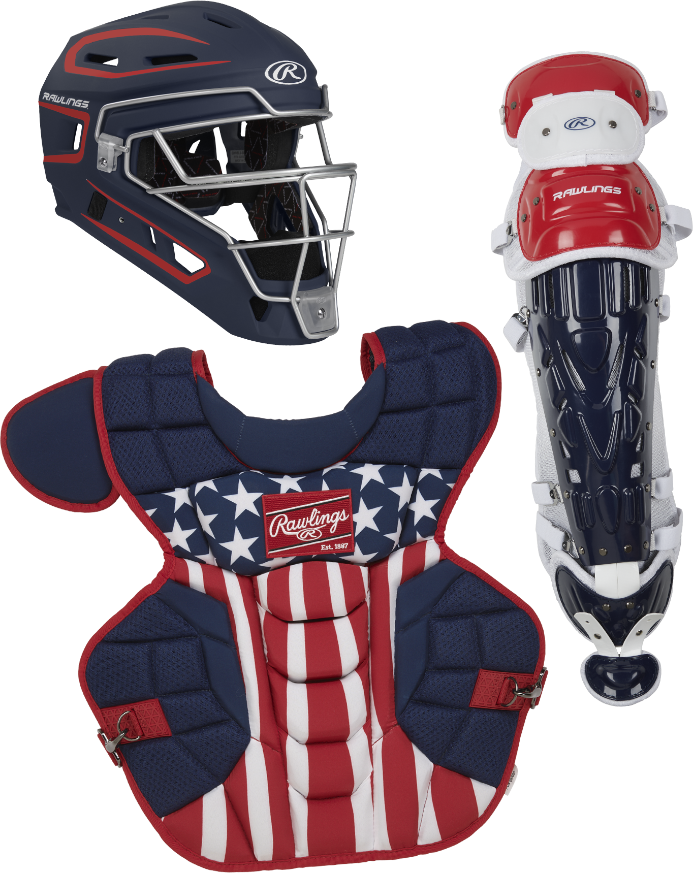 Rawlings-VELO-2.0-CSV2Y-Youth-Catchers-Set-Helmet-Chest-Protector-Leg-Guards-Navy-Scarlet-White-USA-Front-View