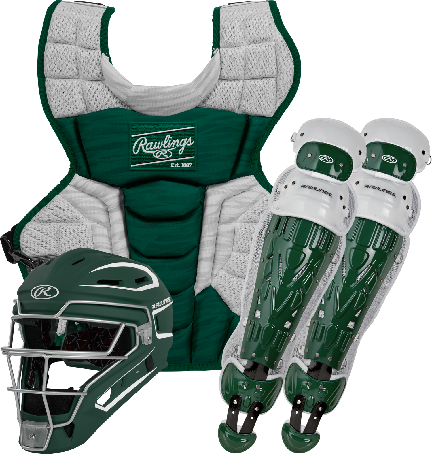 Rawlings-VELO-2.0-CSV2A-Adult-Catchers-Set-Helmet-Chest-Protector-Leg-Guards-Dark-Green-White-Front-View
