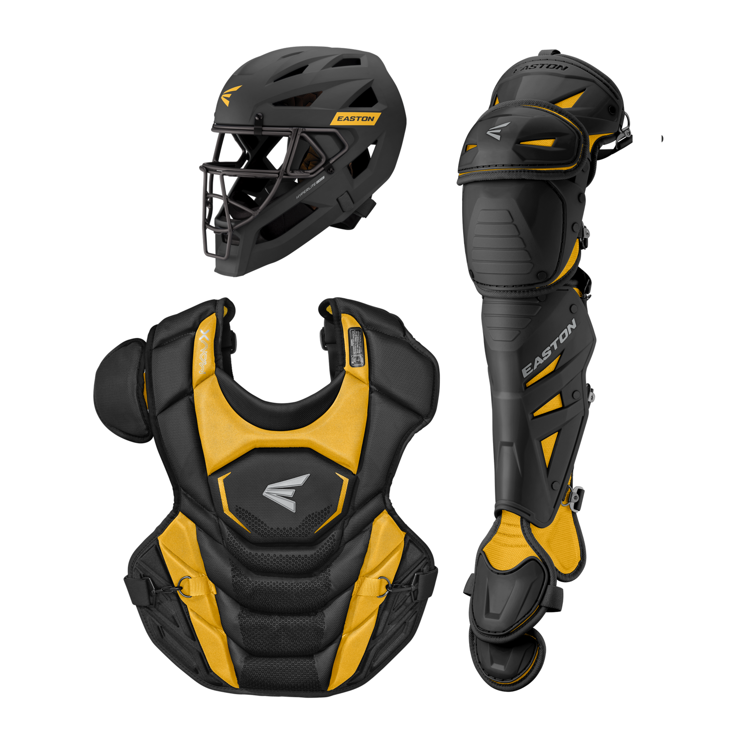 Easton-MAV-X-MAVXKITM-Medium-Catchers-Box-Set-Helmet-Chest-Protector-Leg-Guards-Black-Light-Gold-Front-View