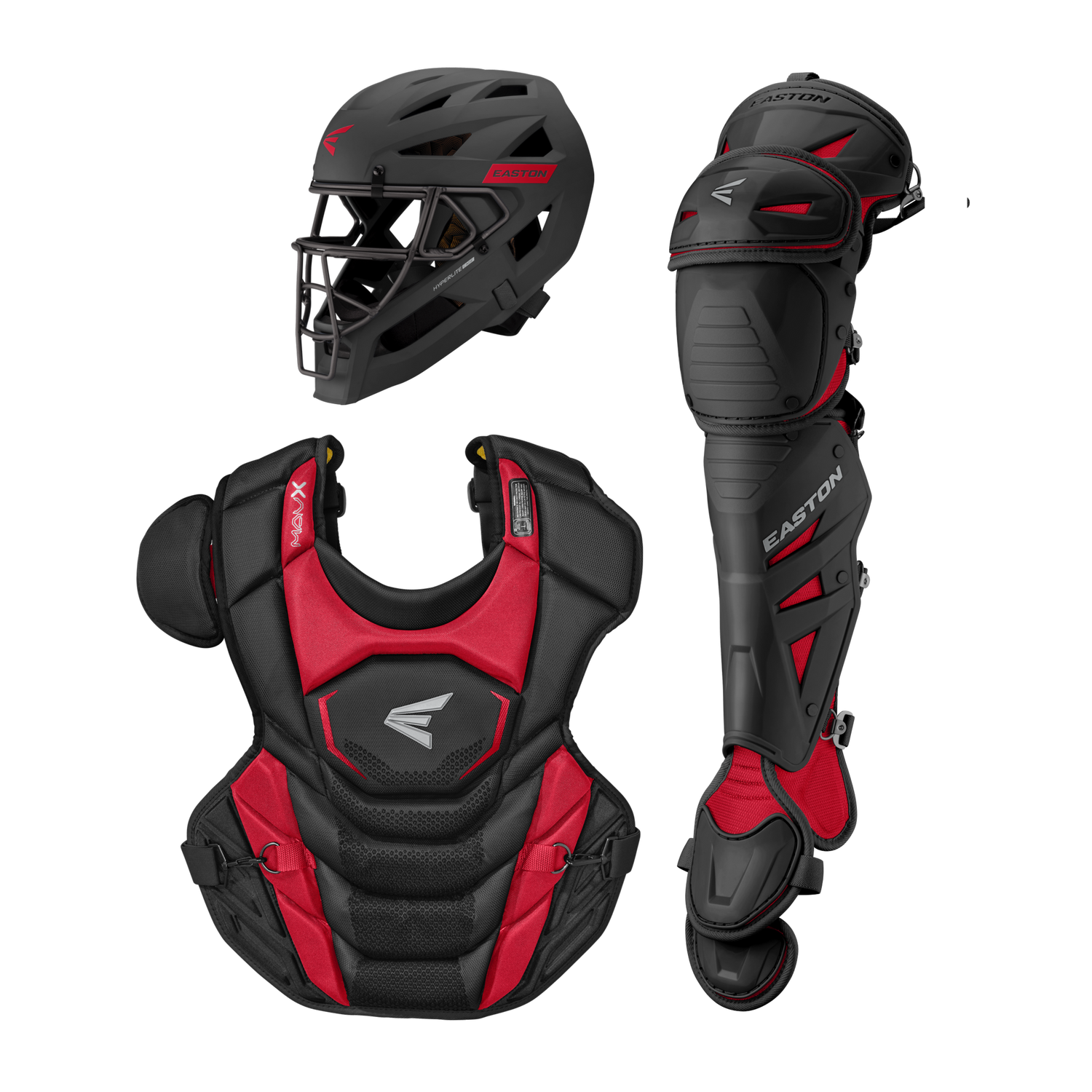 Easton-MAV-X-MAVXKITL-Large-Catchers-Box-Set-Helmet-Chest-Protector-Leg-Guards-Black-Red-Front-View