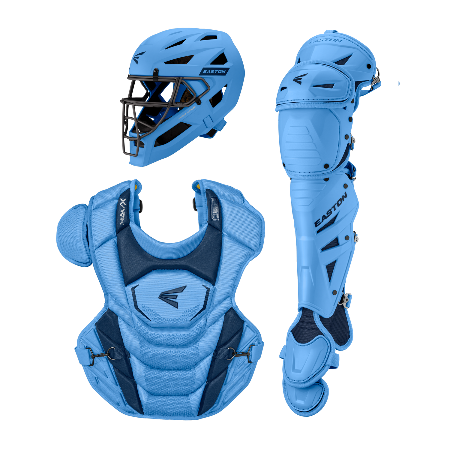 Easton-MAV-X-MAVXKITL-Large-Catchers-Box-Set-Helmet-Chest-Protector-Leg-Guards-Columbia-Blue-Navy-Front-View
