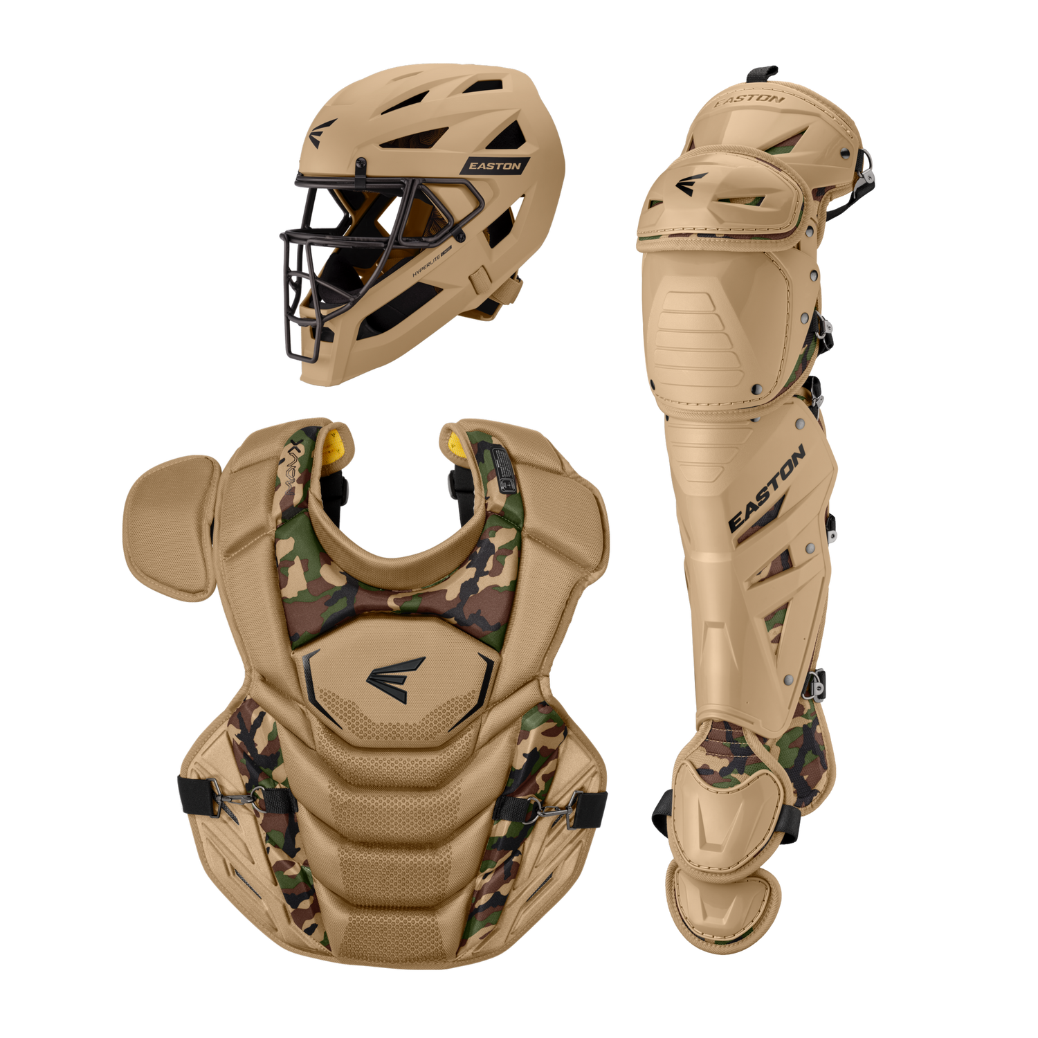 Easton-MAV-X-MAVXKITL-Large-Catchers-Box-Set-Helmet-Chest-Protector-Leg-Guards-Tan-Army-Camo-Front-View