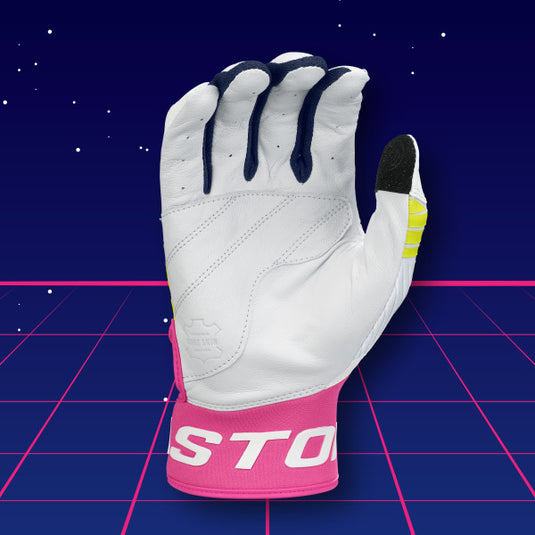 Easton Walk-Off Ethos 80's Baseball/Softball Batting Gloves with full-grain leather palm, ergonomic neoprene cuff, and retro "Eighties" design.