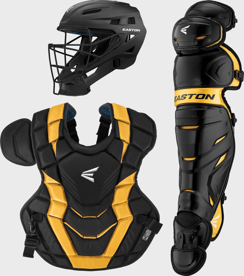 Easton-Elite-X-ELXKITI-Intermediate-Catchers-Box-Set-Helmet-Chest-Protector-Leg-Guards-Black-Light-Gold-Front-View