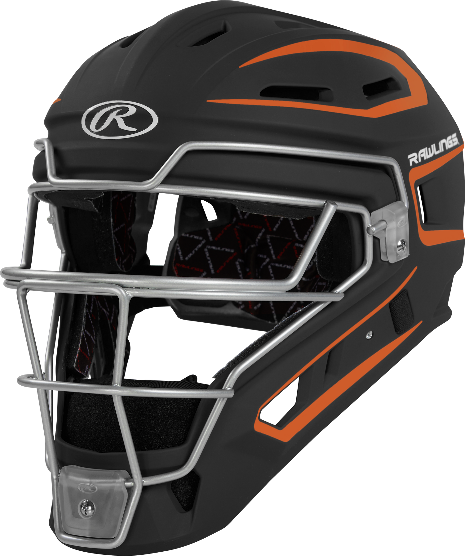 Rawlings-VELO-2.0-CHV27S-Matte-Senior-Catchers-Helmet-Black-Orange-Front-View