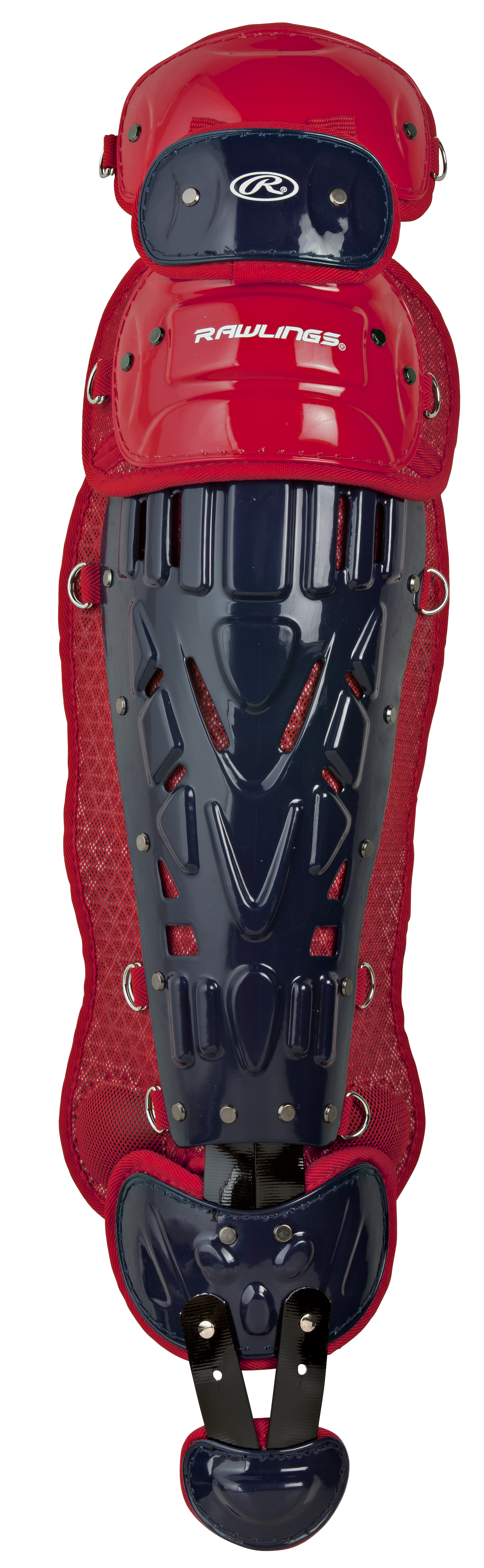 Rawlings-VELO-2.0-LGVELI-Intermediate-15-5-Inch-Catchers-Leg-Guards-Navy-Scarlet-Front-View