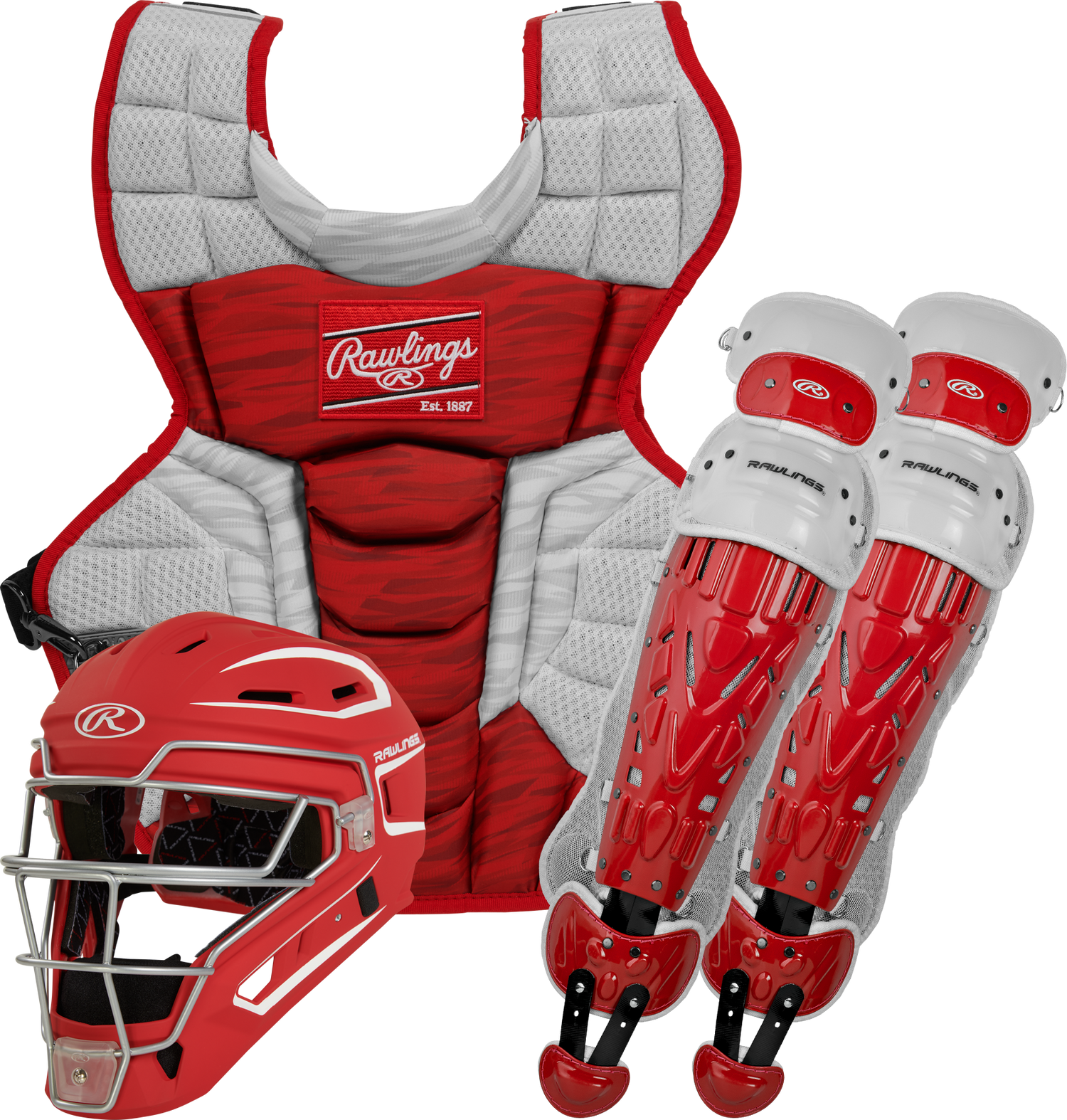 Rawlings-VELO-2.0-CSV2I-Intermediate-Catchers-Set-Helmet-Chest-Protector-Leg-Guards-Scarlet-White-Front-View