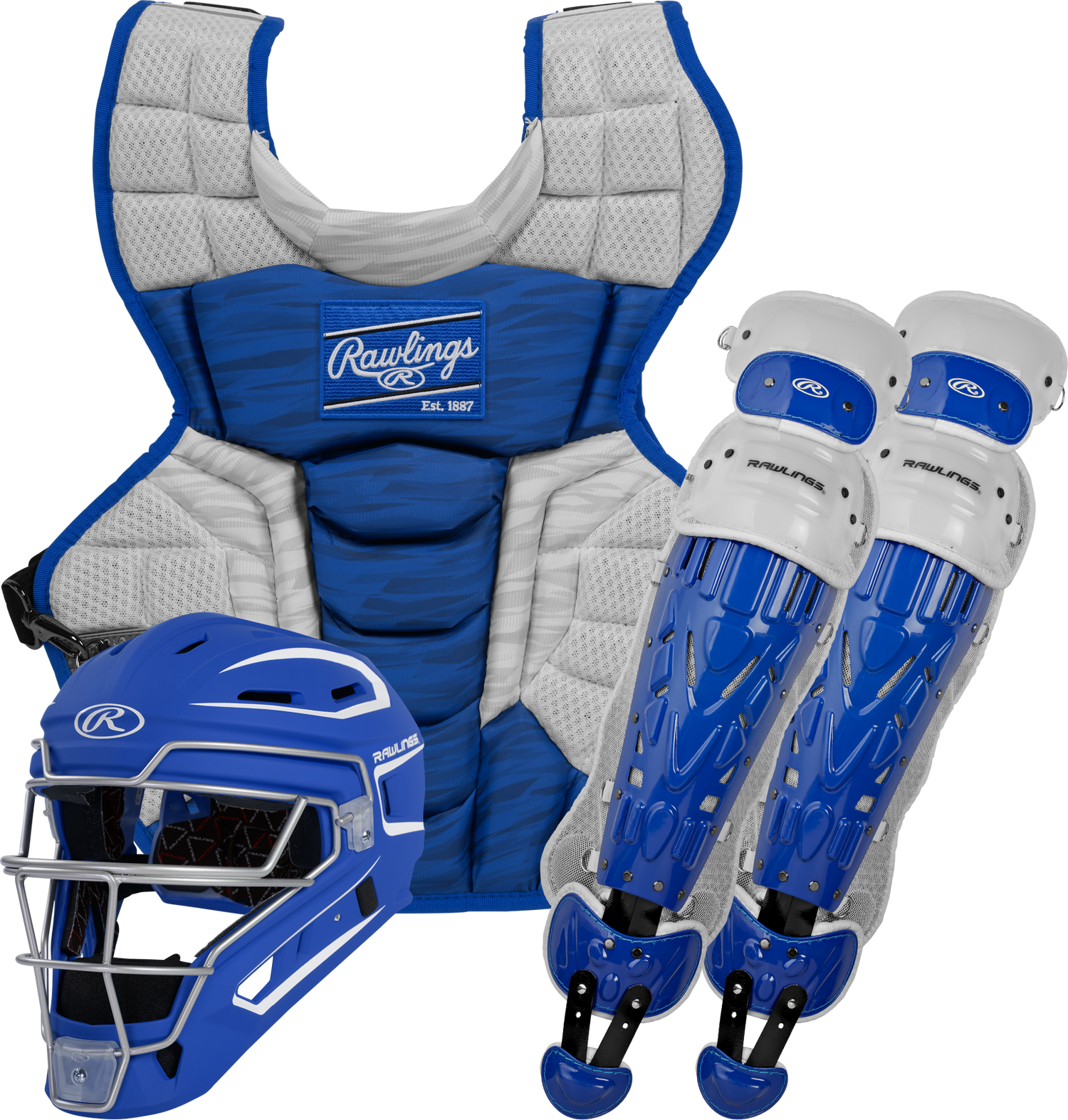 Rawlings-VELO-2.0-CSV2Y-Youth-Catchers-Set-Helmet-Chest-Protector-Leg-Guards-Royal-White-Front-View