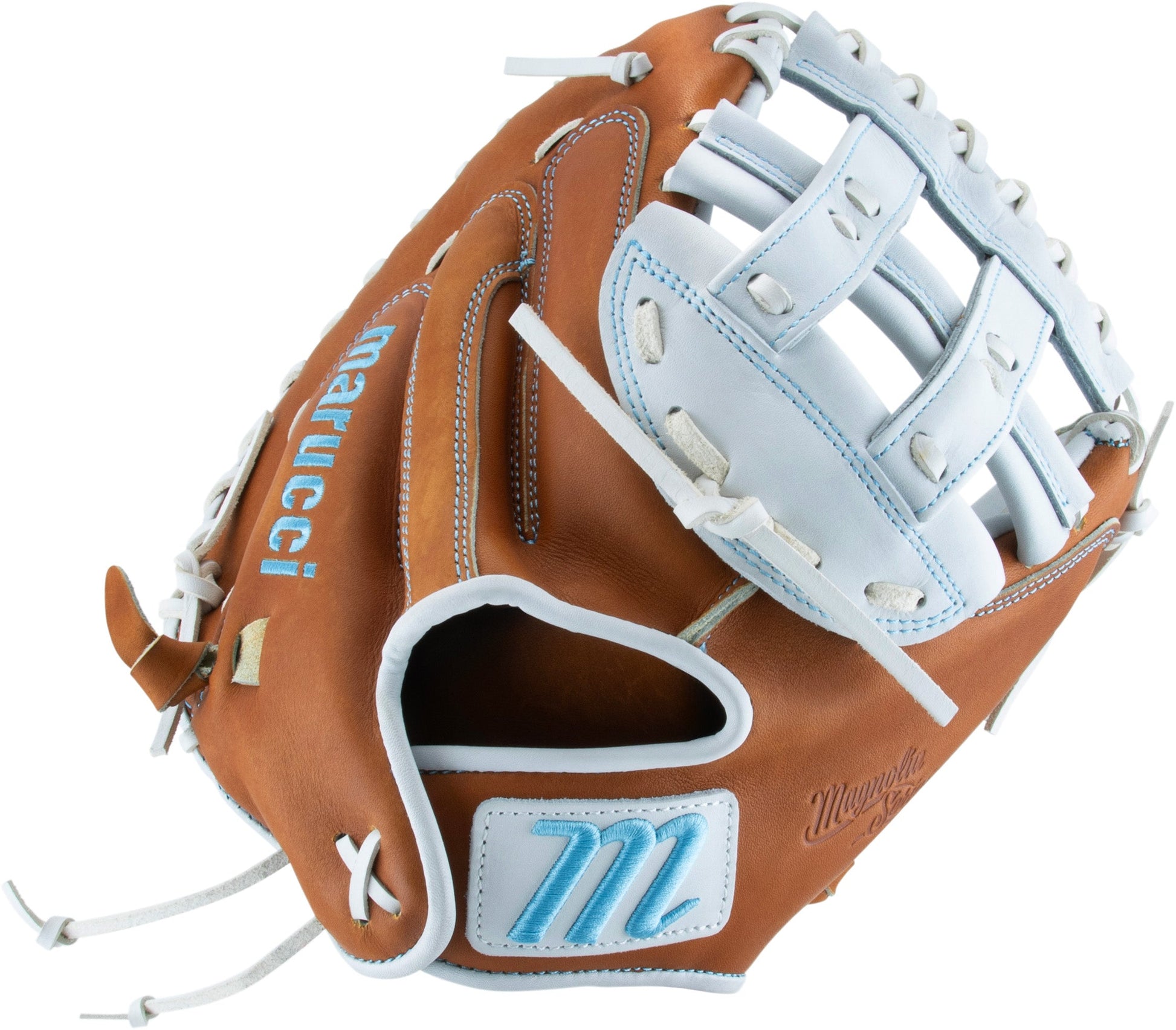 2025 Marucci Magnolia 34" H-Web Fastpitch Softball Catcher's Mitt MFG3MG240C2FP - Premium Japanese-tanned steerhide leather with Pro Fit and moisture-wicking wrist lining for enhanced comfort and durability.