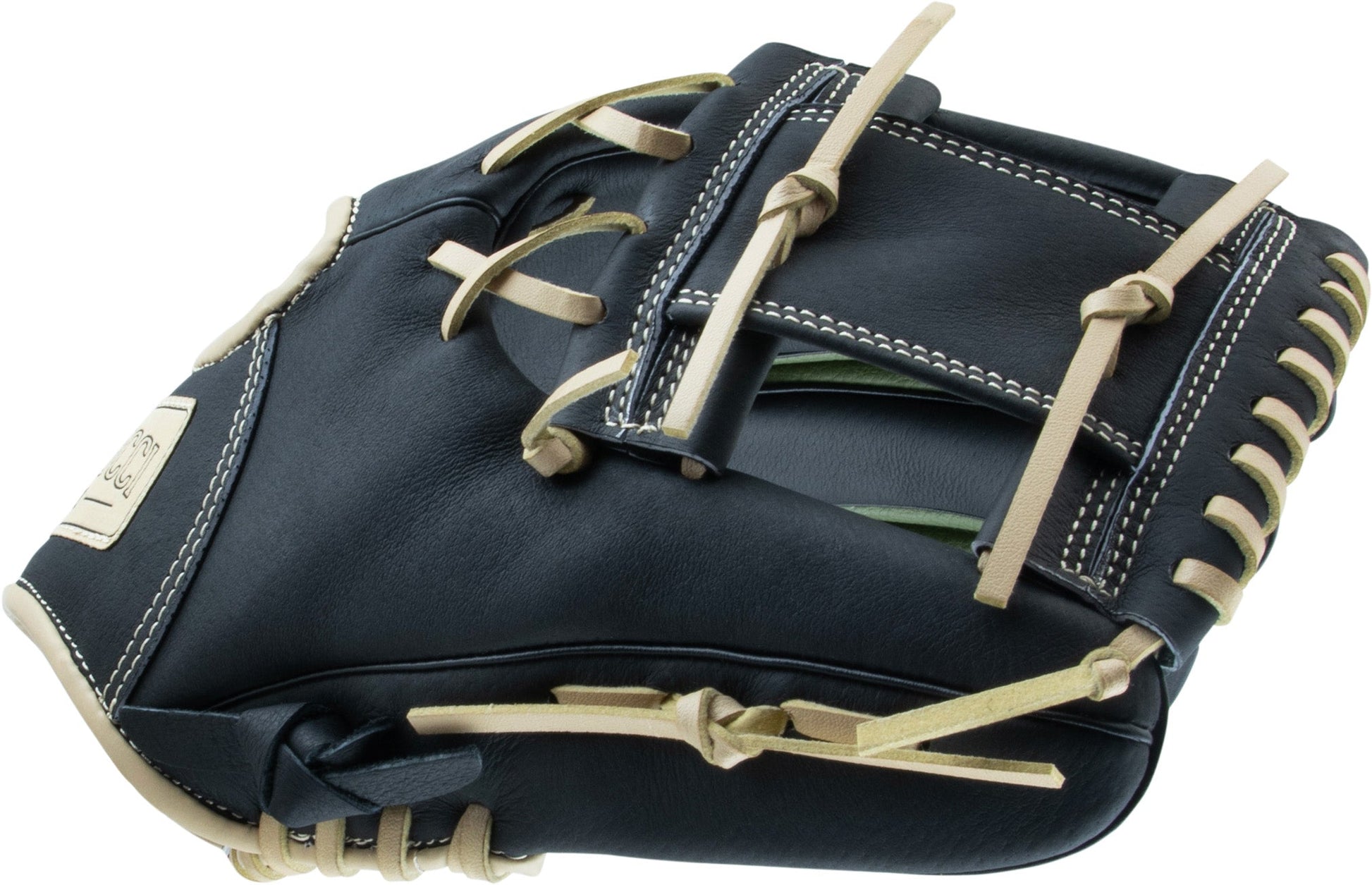 Marucci youth baseball glove in green and navy leather with cream lacing