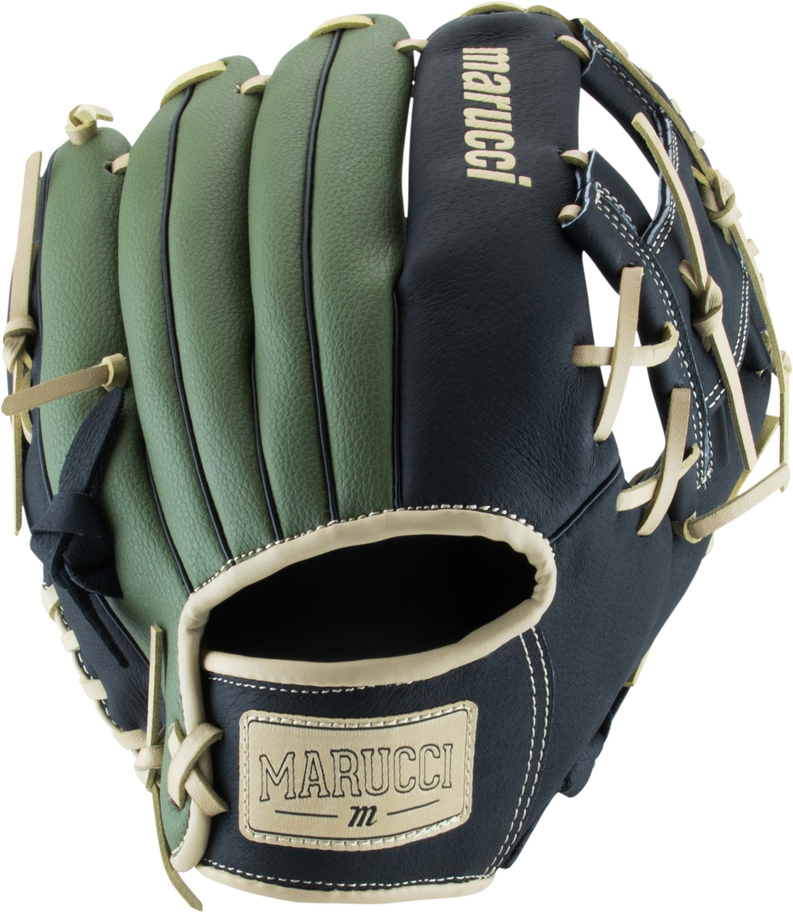 Marucci youth baseball glove in green and navy leather with cream lacing, showing brand logo and palm side view