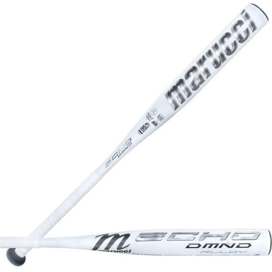 2025 Marucci Echo Diamond Alloy -12 Fastpitch Softball Bat (MFPEDA212) with white and silver design, showcasing Marucci branding and certification logos.