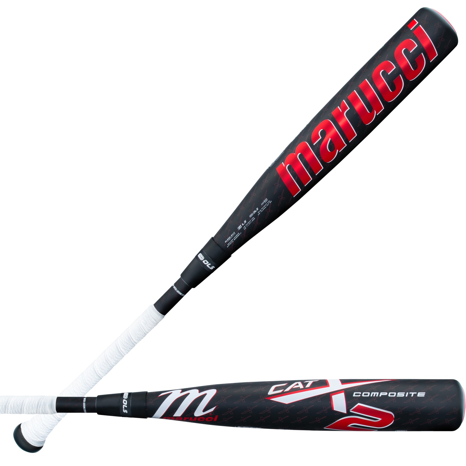 2025 Marucci CATX2 Composite -8 USSSA Baseball Bat - Side view highlighting the Marucci logo and CATX2 branding with a sleek black and red design.