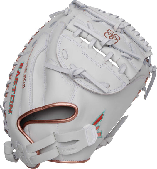 2025 Easton Elite Jen Schro 33" Fastpitch Softball Catcher's Mitt available at SPC Sports - Game Ready Steerhide Leather, Adjustable Quantum Closure System, Two-Piece Solid Web, Designed by Jen Schroeder.