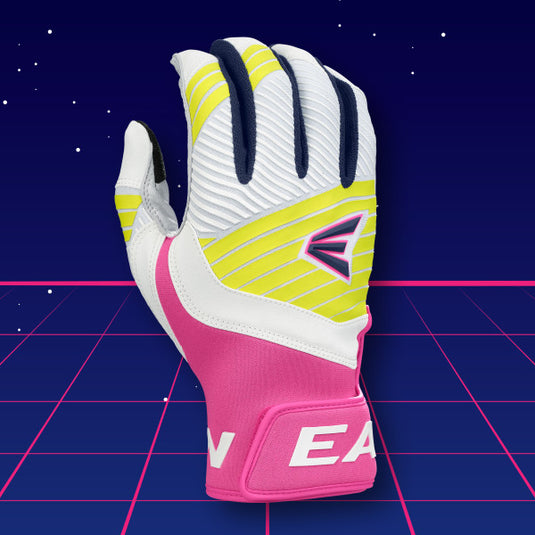 Easton Walk-Off Ethos 80's Baseball/Softball Batting Gloves with full-grain leather palm, ergonomic neoprene cuff, and retro "Eighties" design.