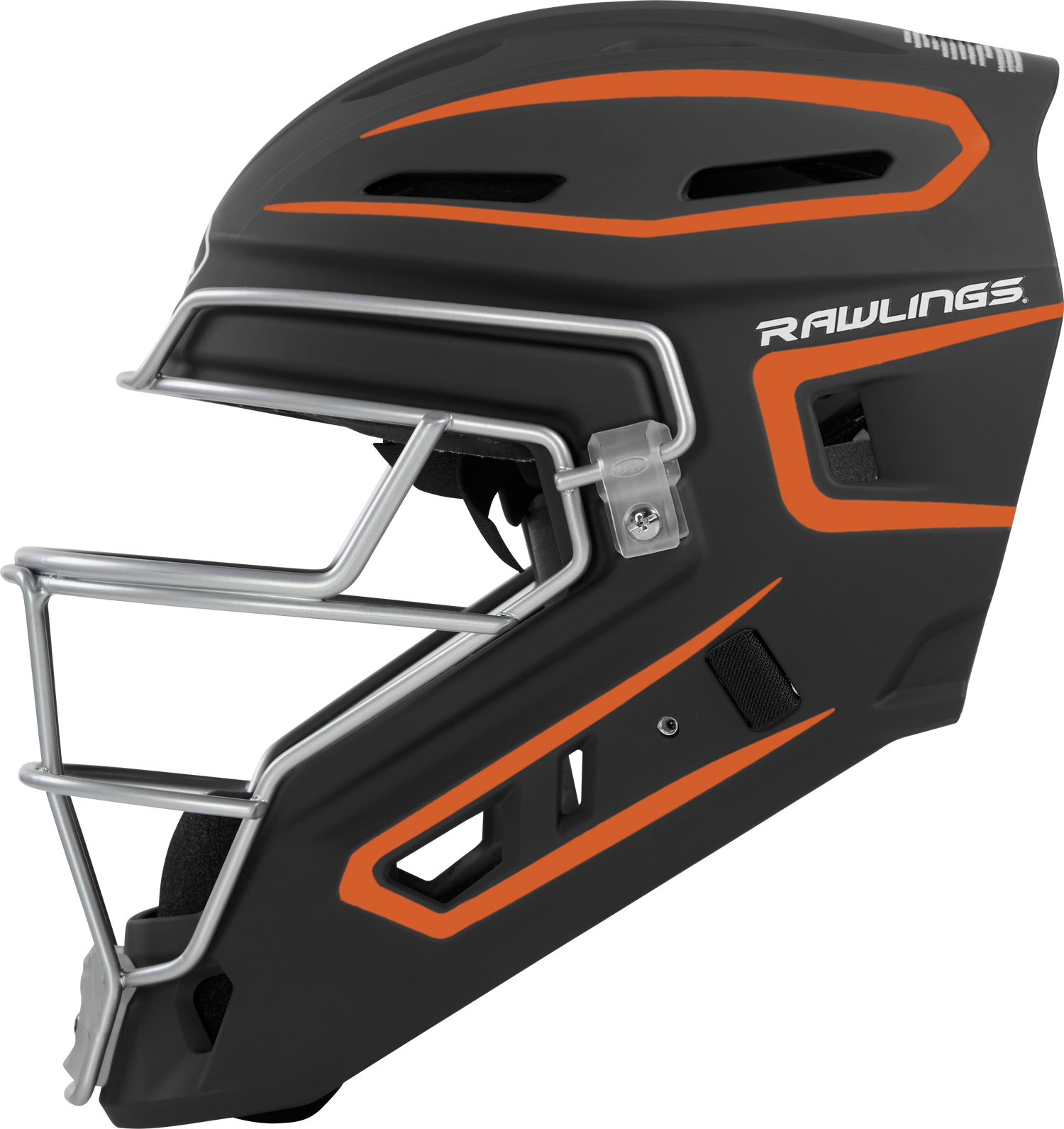 Rawlings-VELO-2.0-CHV27S-Matte-Senior-Catchers-Helmet-Black-Orange-Front-View