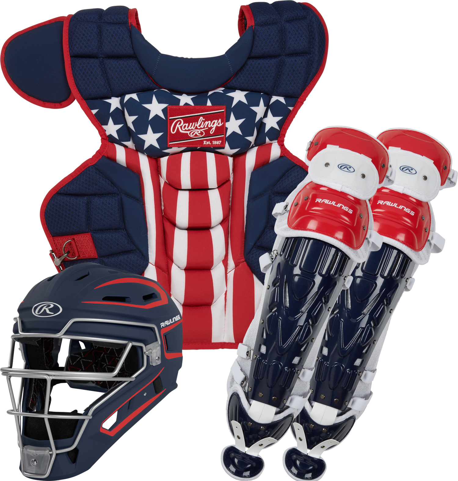 Rawlings-VELO-2.0-CSV2A-Adult-Catchers-Set-Helmet-Chest-Protector-Leg-Guards-Navy-Scarlet-White-USA-Front-View