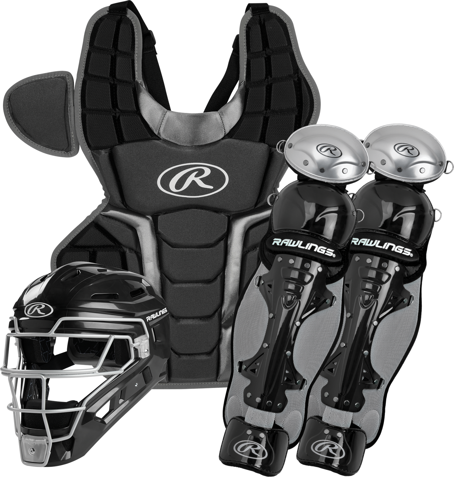 Rawlings-Renegade-R2CSY-Youth-Catchers-Set-Helmet-Chest-Protector-Leg-Guards-Black-Silver-Front-View