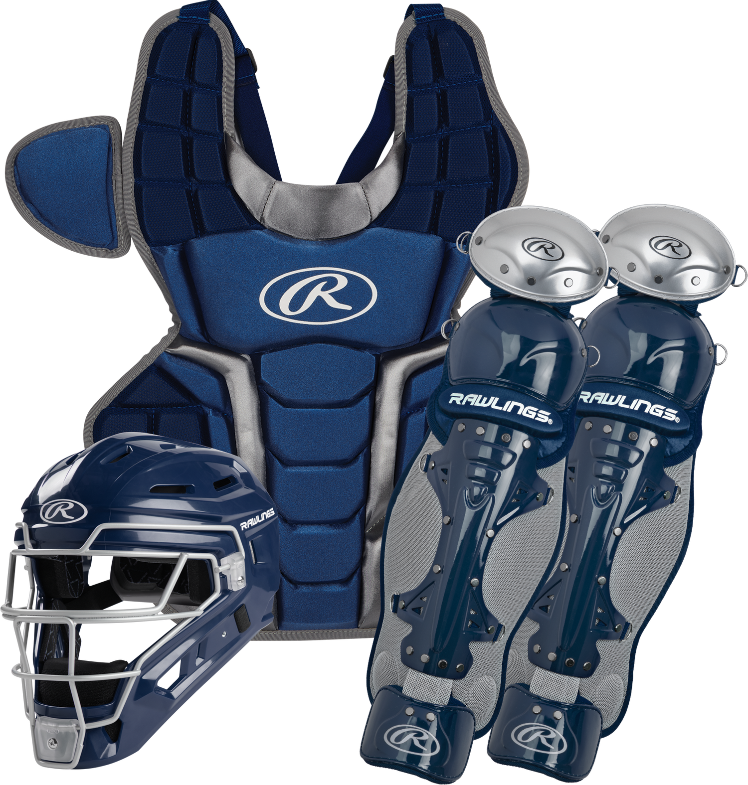 Rawlings-Renegade-R2CSA-Adult-Catchers-Set-Helmet-Chest-Protector-Leg-Guards-Navy-Silver-Front-View