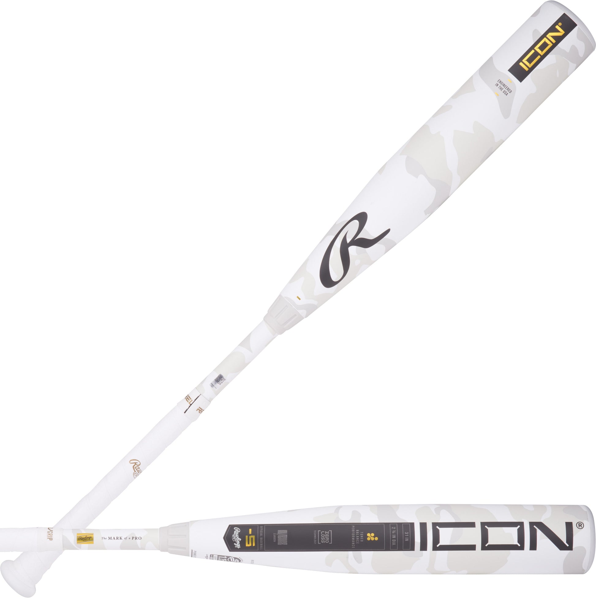 2025 Rawlings Icon -5 USSSA Baseball Bat RUT5I5 in white camo design.