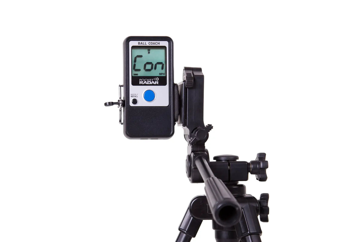 pocket-radar-pr1000-bc-black-silver-blue-ball-coach-radar-gun-front-view-displaying-63-mph-tripod