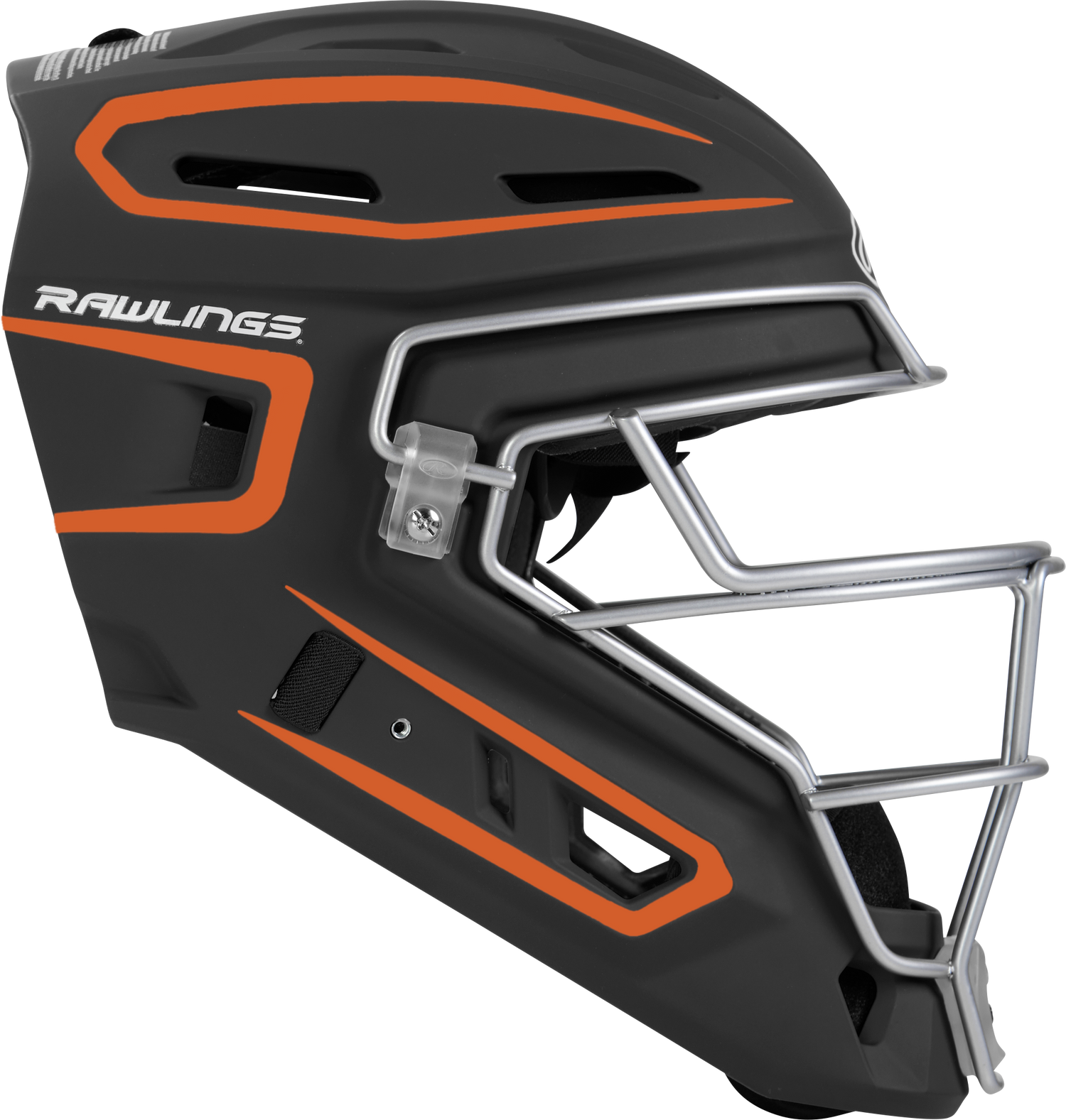 Rawlings-VELO-2.0-CHV27S-Matte-Senior-Catchers-Helmet-Black-Orange-Front-View