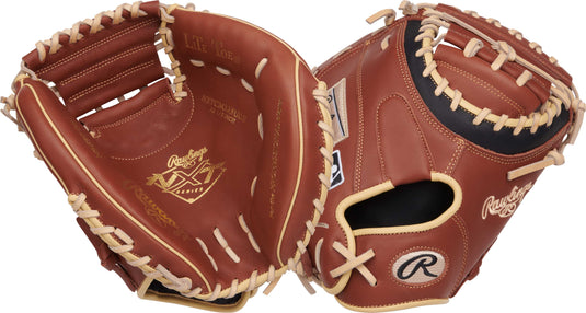 2025 Rawlings NXT 32 1/2" Baseball Catcher's Mitt NXTCM325UDB in brown, featuring pro soft leather, padded thumb sleeve, contour wrist design, and 1-piece solid web.