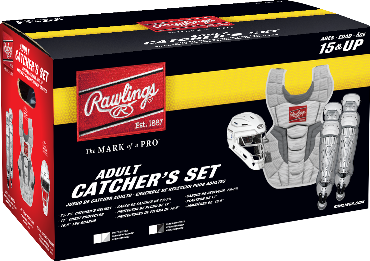 Rawlings-VELO-2.0-CSV2Y-Youth-Catchers-Set-Helmet-Chest-Protector-Leg-Guards-White-Silver-Front-View