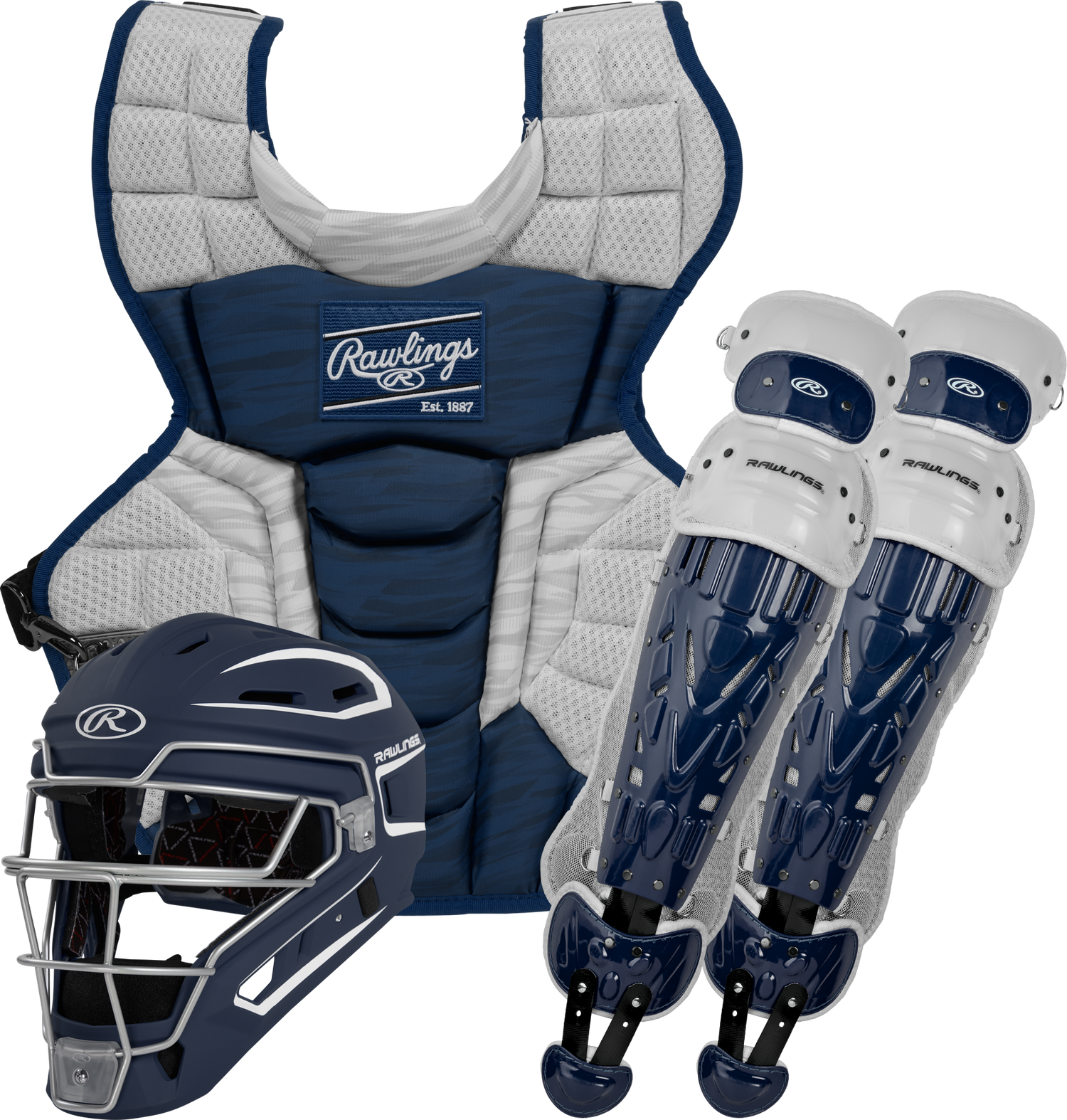 Rawlings-VELO-2.0-CSV2I-Intermediate-Catchers-Set-Helmet-Chest-Protector-Leg-Guards-Navy-White-Front-View