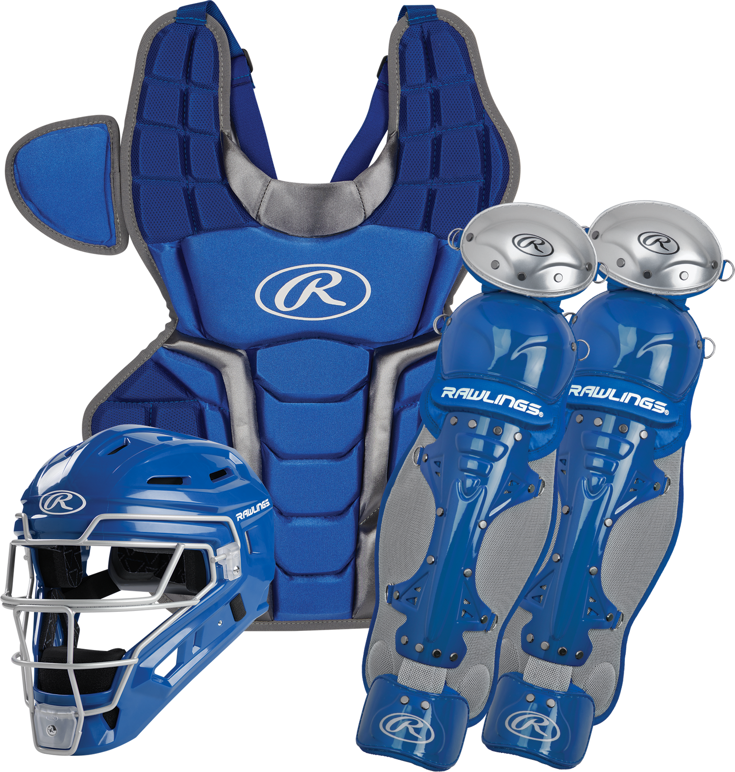 Rawlings-Renegade-R2CSI-Intermediate-Catchers-Set-Helmet-Chest-Protector-Leg-Guards-Royal-Silver-Front-View