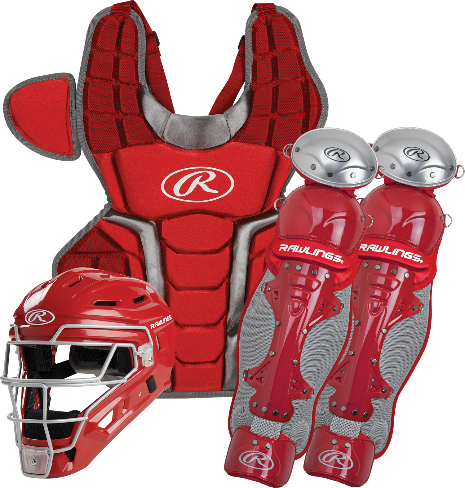 Rawlings-Renegade-R2CSA-Adult-Catchers-Set-Helmet-Chest-Protector-Leg-Guards-Scarlet-Silver-Front-View