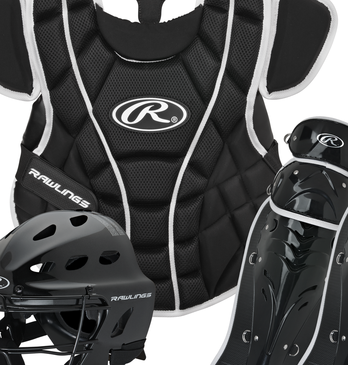 Rawlings-Storm-RSTRMCSY-Youth-Fastpitch-Catchers-Set-Helmet-Chest-Protector-Leg-Guards-Black-Front-View