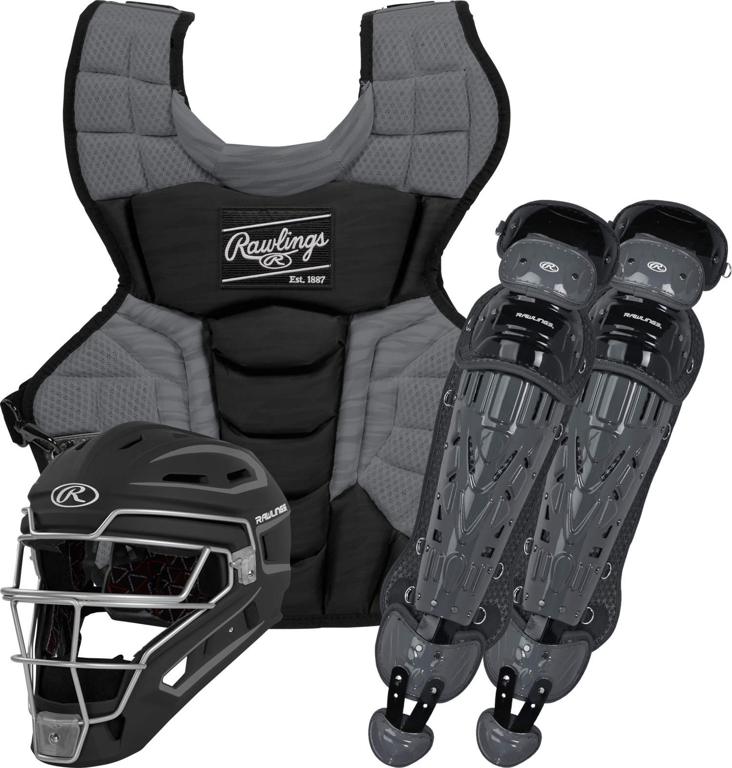 Rawlings-VELO-2.0-CSV2A-Adult-Catchers-Set-Helmet-Chest-Protector-Leg-Guards-Black-Graphite-Front-View