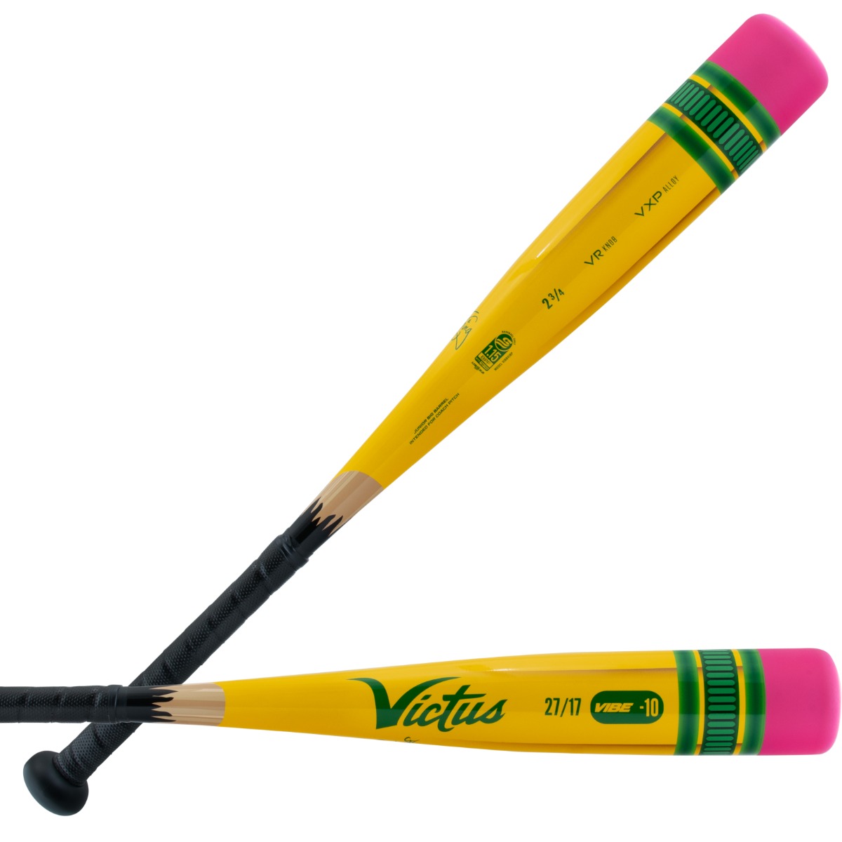 "2025 Victus PENCIL JUNIOR BIG BARREL -10 Baseball Bat with one-piece aluminum design, mid-balanced construction, and micro-perforated soft-touch grip. Features a vibration reducing knob, VXP alloy for increased durability, and ringless barrel design with