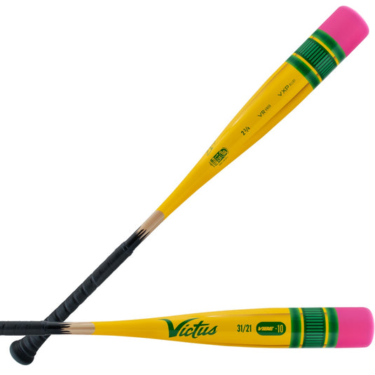 2025 Victus PENCIL SENIOR LEAGUE -10 USSSA Baseball Bat with one-piece aluminum design, mid-balanced construction, ergonomic handle taper, and micro-perforated grip, available at SPC Sports.