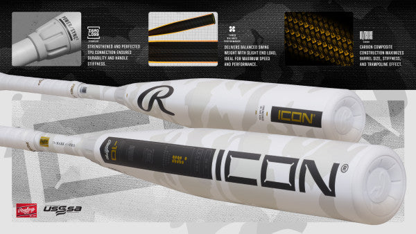 2025 Rawlings Icon -8 USSSA Baseball Bat RUT5I8 in white camo design.