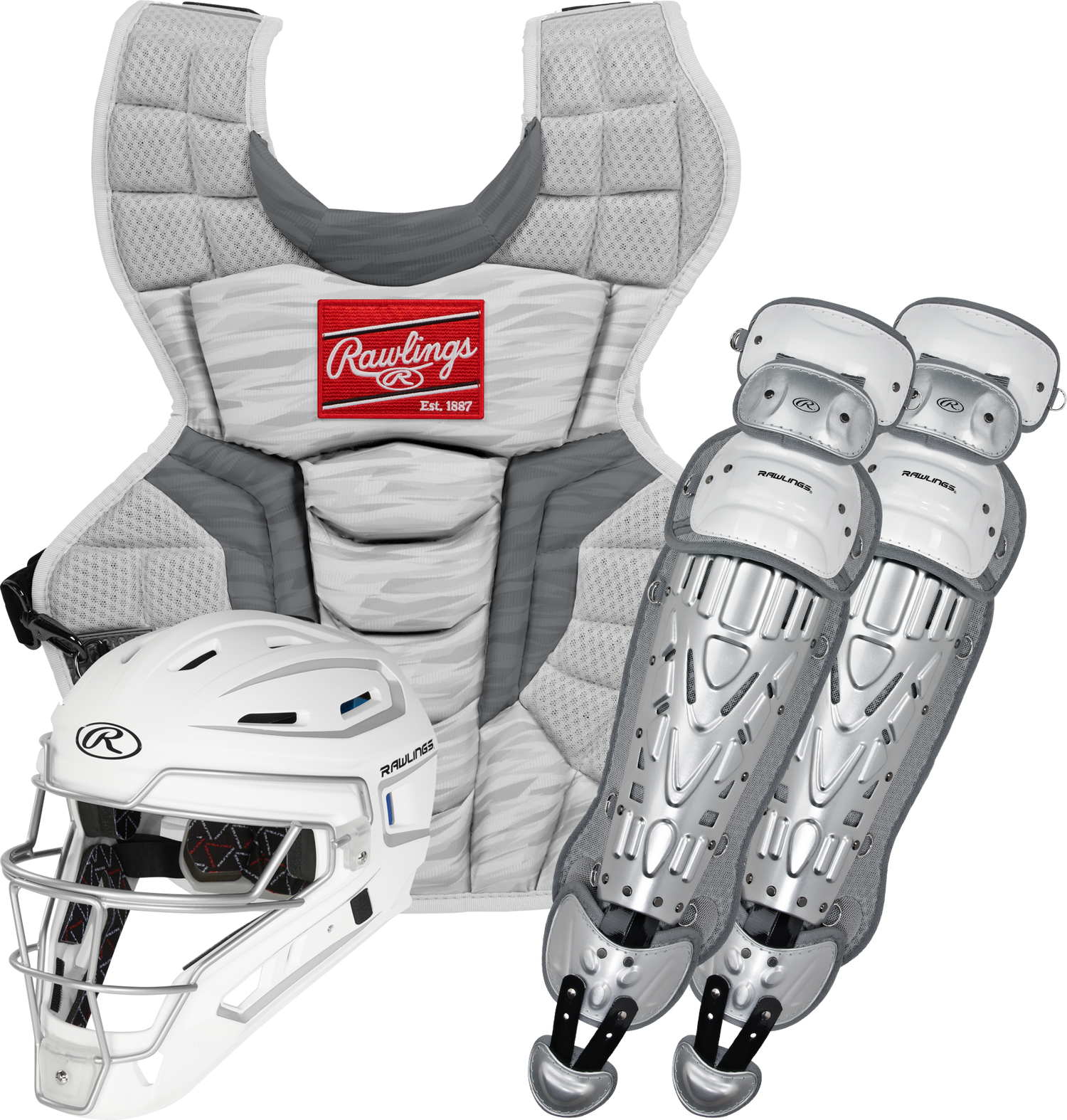 Rawlings-VELO-2.0-CSV2I-Intermediate-Catchers-Set-Helmet-Chest-Protector-Leg-Guards-White-Silver-Front-View